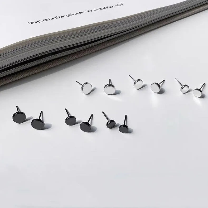 Sterling Silver S999 flat round ear bone studs in silver and black colours, showing size range from 3mm to 8mm.