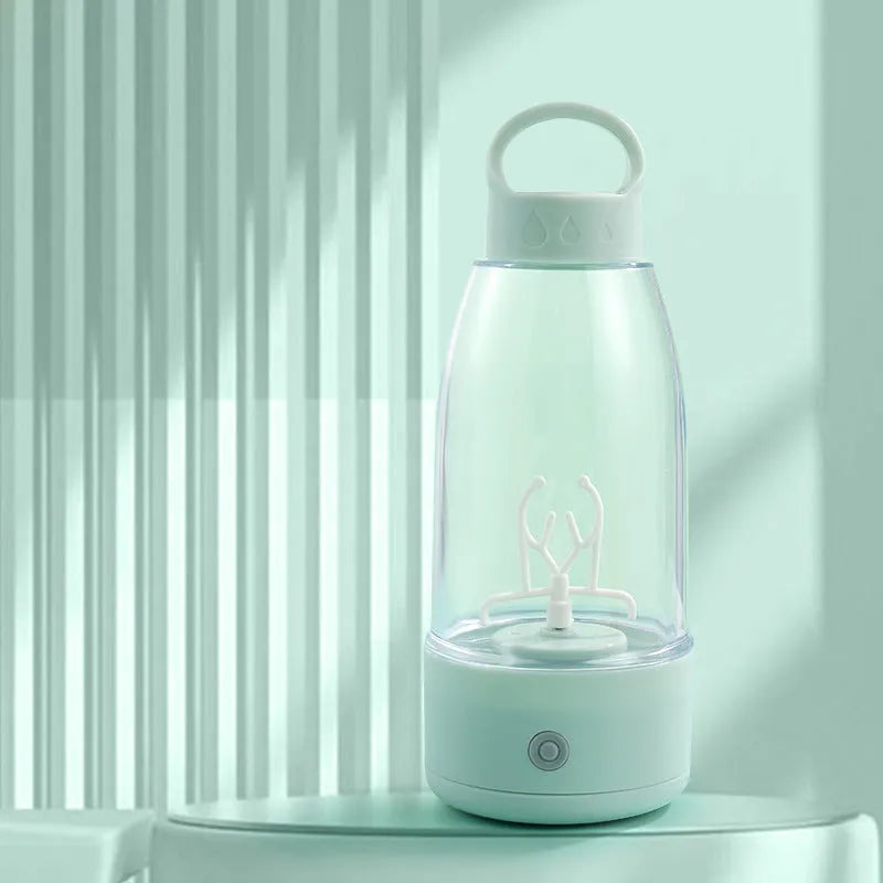 Automatic electric shaker bottle in green, pink, or white with USB charging and handle