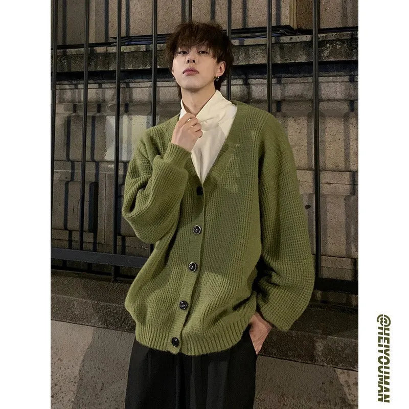Men's loose fit V-neck cardigan sweater in army green, casual cotton blend fabric.