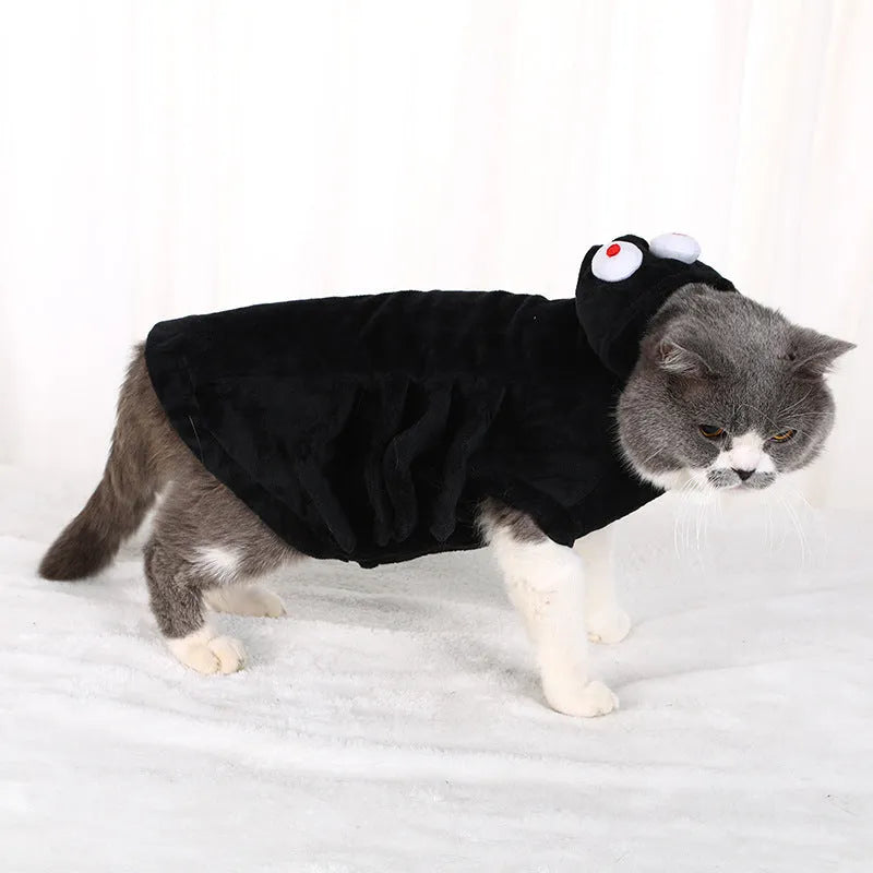 Halloween spider costume for a dog or cat, made from polyester fabric, shown in S, M, L sizes.
