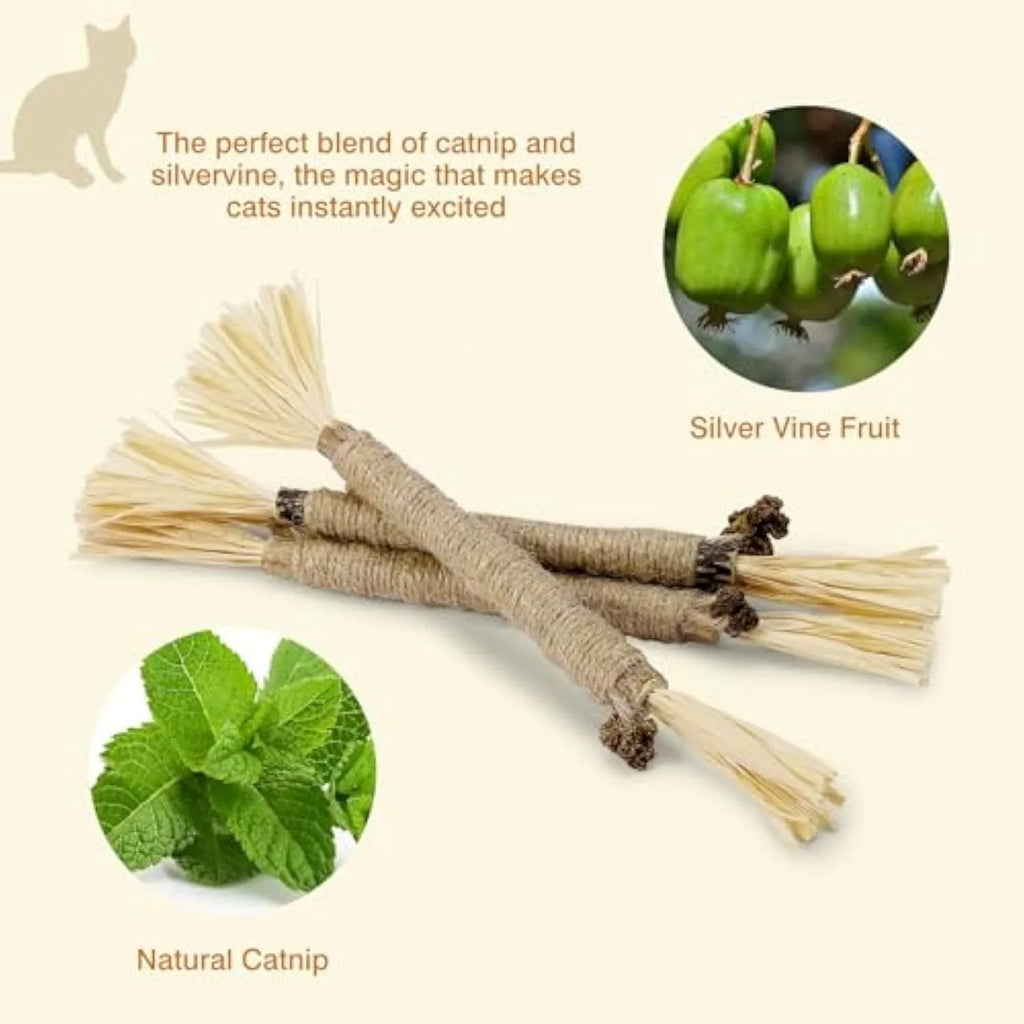 3 pack silvervine chew sticks for cats with sisal rope and raffia dental cleaning texture