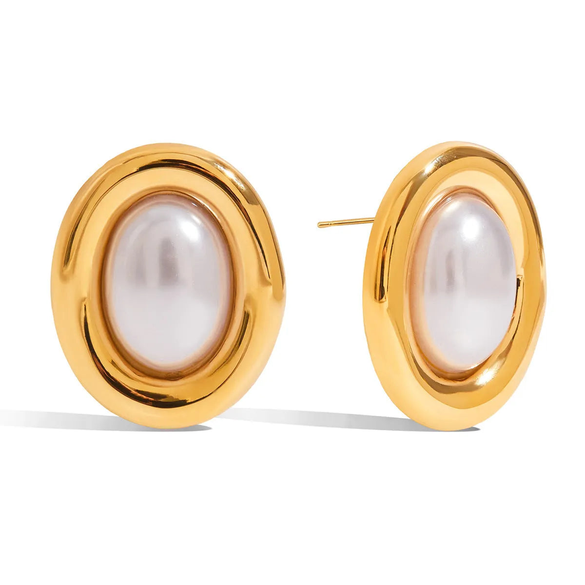Stainless steel vintage pearl stud earrings with electroplated silver-tone finish and simulated pearl centres