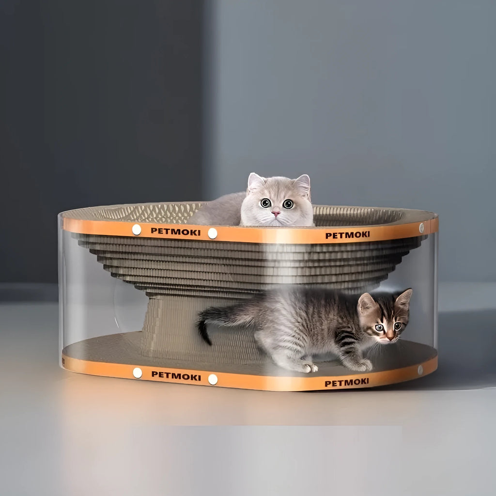 White transparent cat scratch board and tunnel nest toy measuring 58x45x23cm