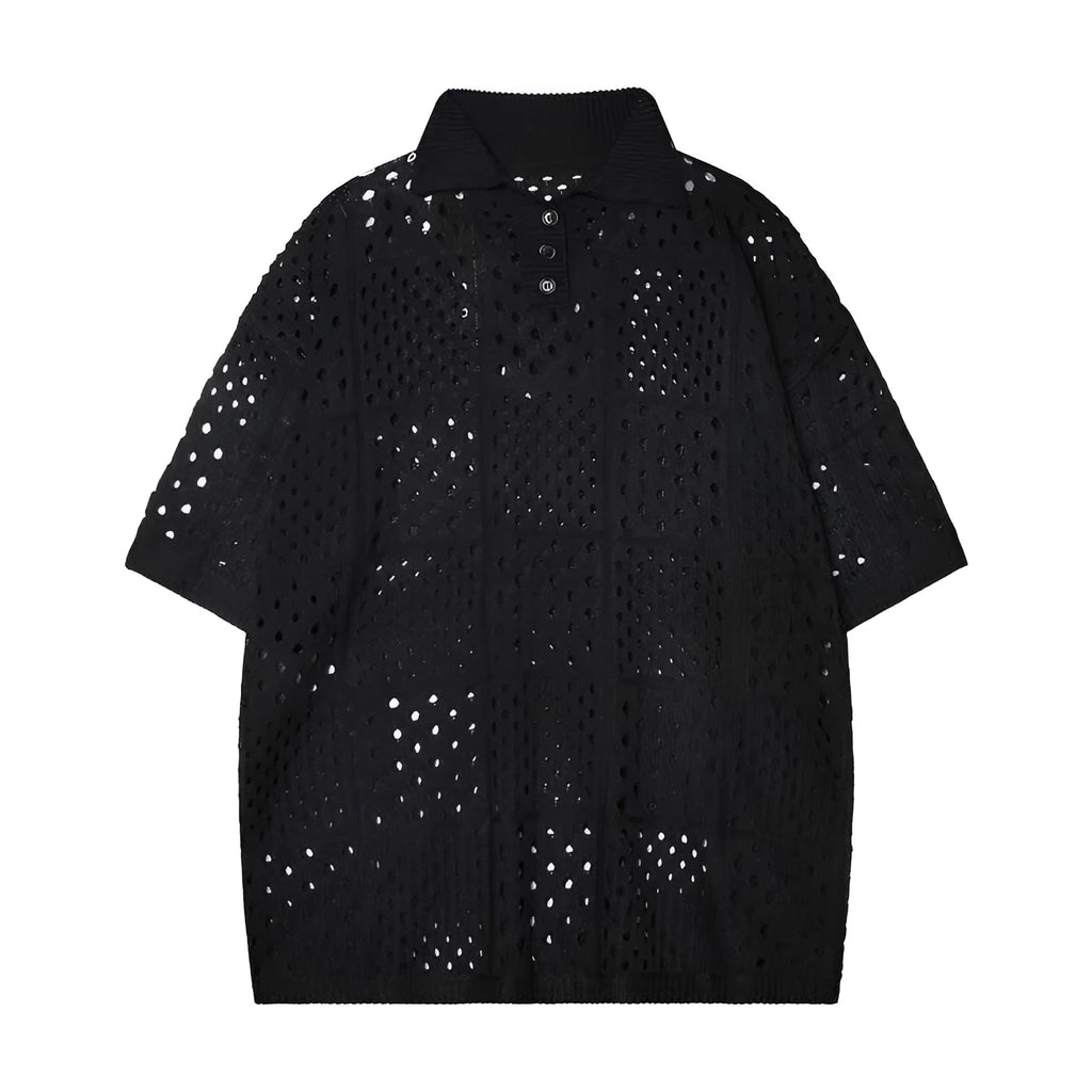 Man's black short-sleeved polo shirt with a hollow-knit texture and a loose, cardigan-style fit.