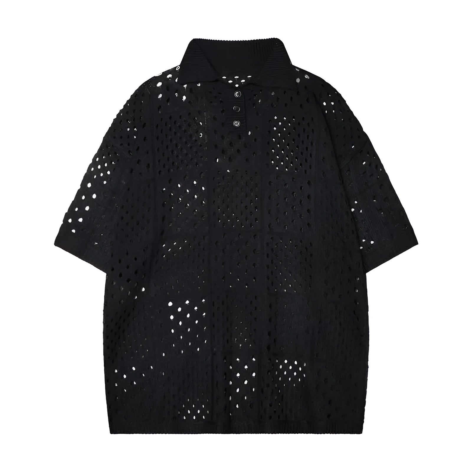 Man's black short-sleeved polo shirt with a hollow-knit texture and a loose, cardigan-style fit.