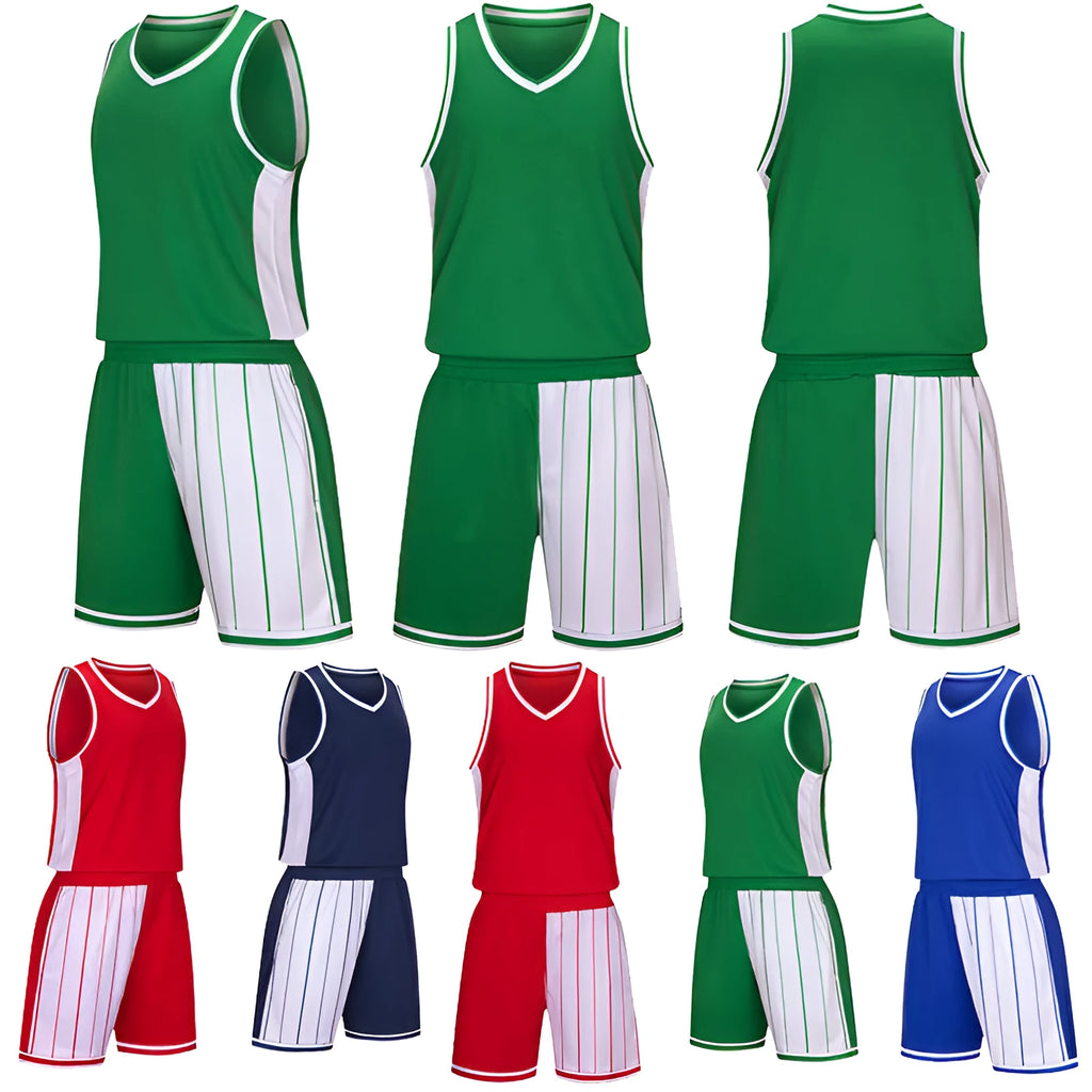 Men's and women's basketball uniform set in polyester, showing top and shorts in available colours.