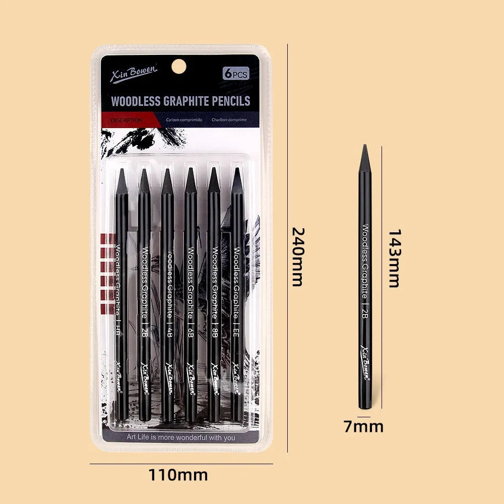 Set of six graphite sketching pencils with HB, 2B, 4B, 6B, 8B, and EE grades for art drawing