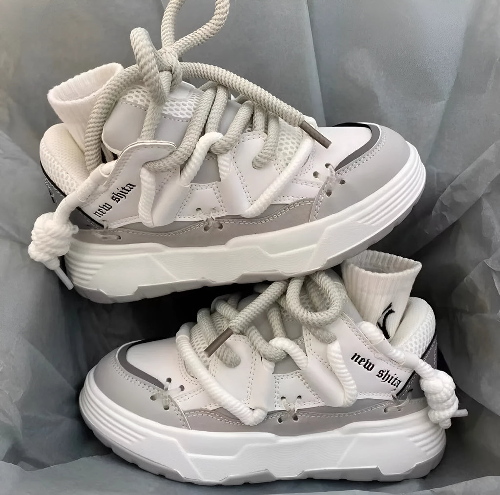 Women's grey retro platform sneakers with thick rubber soles and 6-8cm heel height
