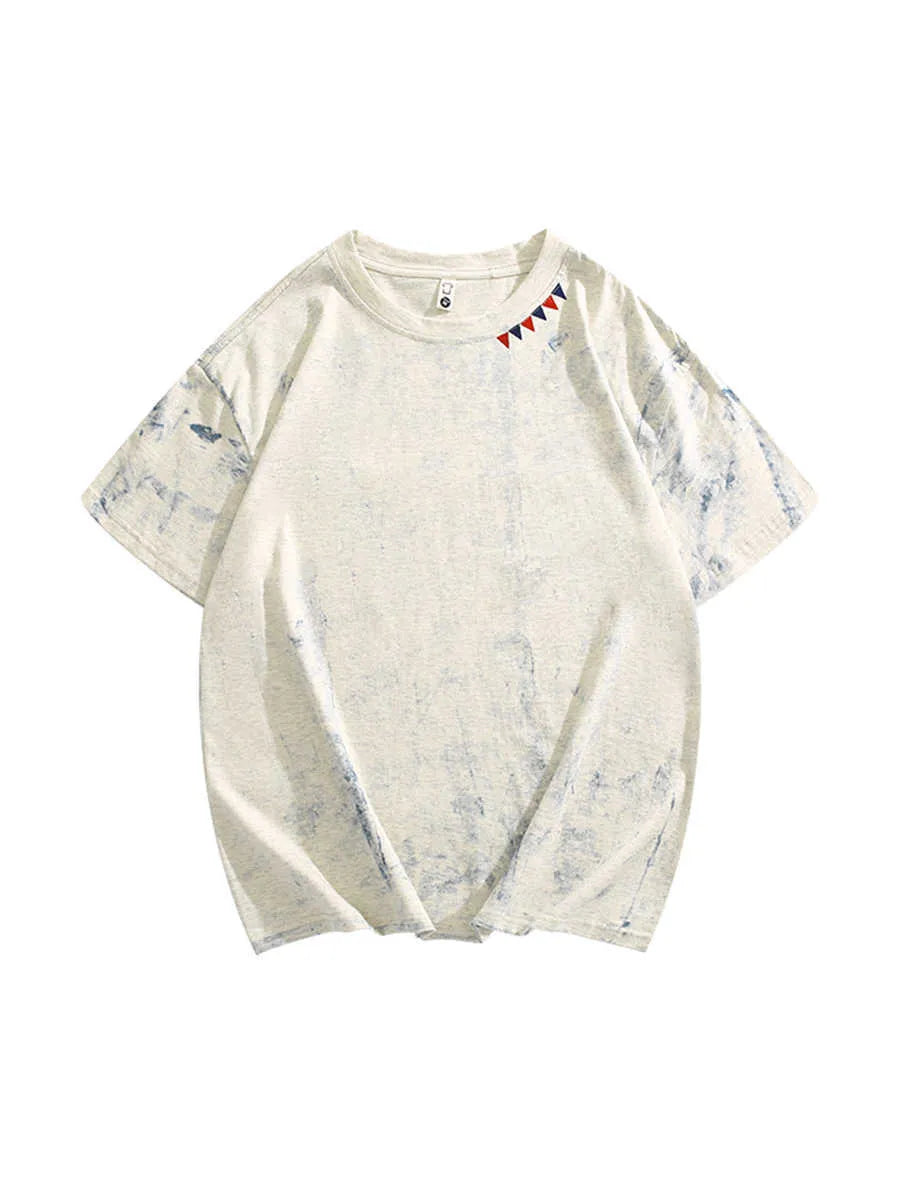 Grey tie-dye patterned loose fit short sleeve t-shirt on a hanger.
