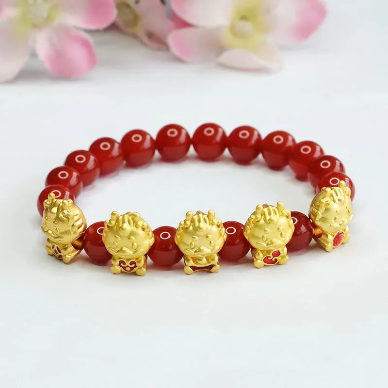 Natural red agate beaded bracelet with Chinese Five Blessing Dragon design on 8mm beads.