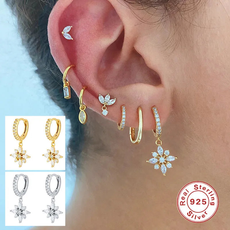 Sterling silver snowflake pendant earrings with geometric design in gold colour options