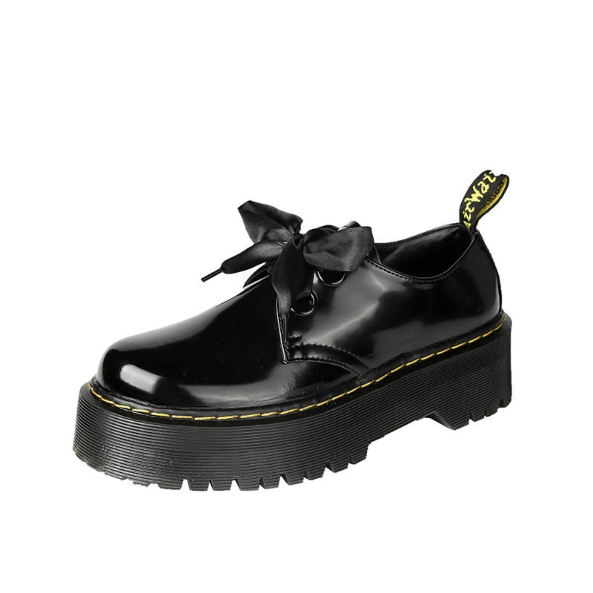 Women's black thick-soled lace-up shoes with white ribbon cross strap details on a superfine fibre upper.