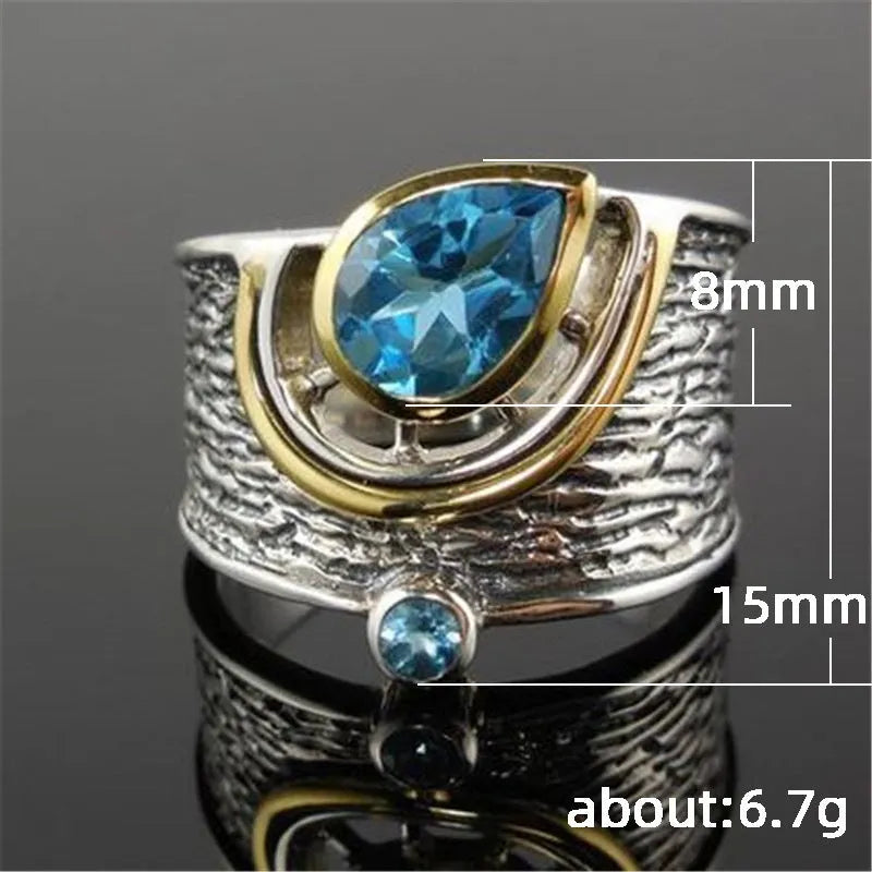 Blue drop-shaped zircon rhinestone Chinese style women's ring in alloy metal