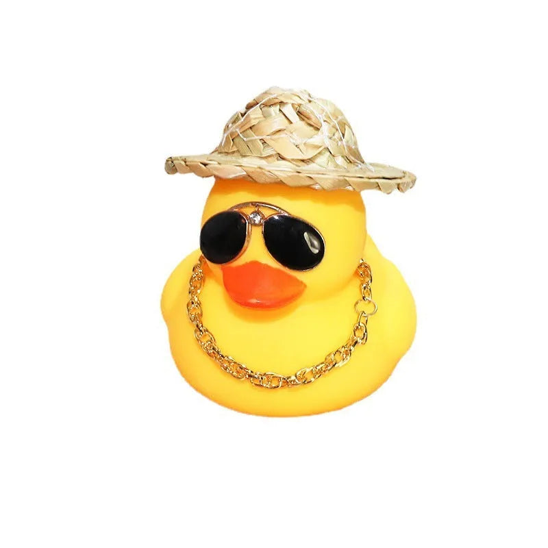 Cartoon straw hat yellow duck car dashboard ornament with sunglasses accessory on base