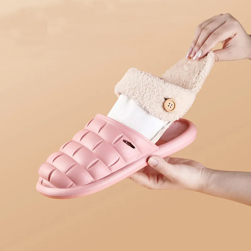 Plaid detachable slippers with plush lining and a textured EVA sole, shown in pink.