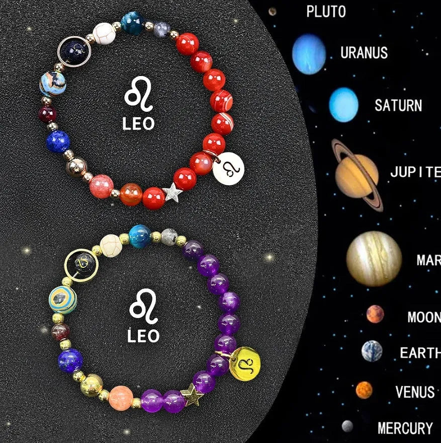 Set of twelve natural stone beaded bracelets showing different zodiac sign designs