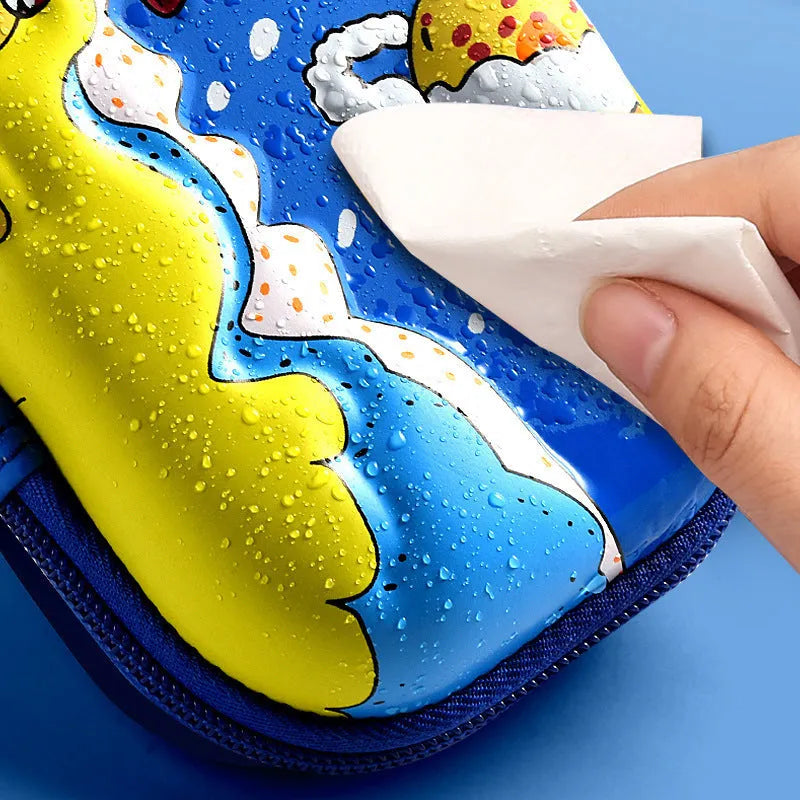 3D leather pencil case showing embossed astronaut and dinosaur design options.