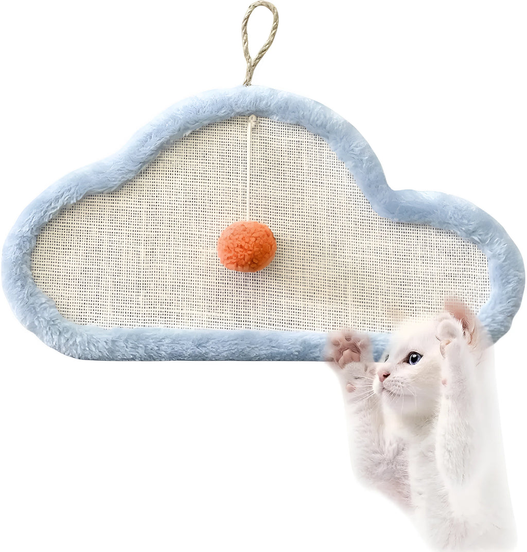 White sisal cat scratching mat with sleeping cat cartoon design mounted on a wall