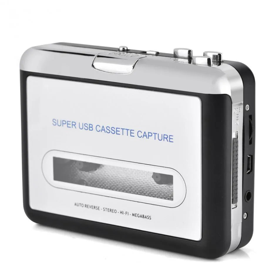 Silver USB cassette to MP3 converter unit with USB cable and earphones on a white background