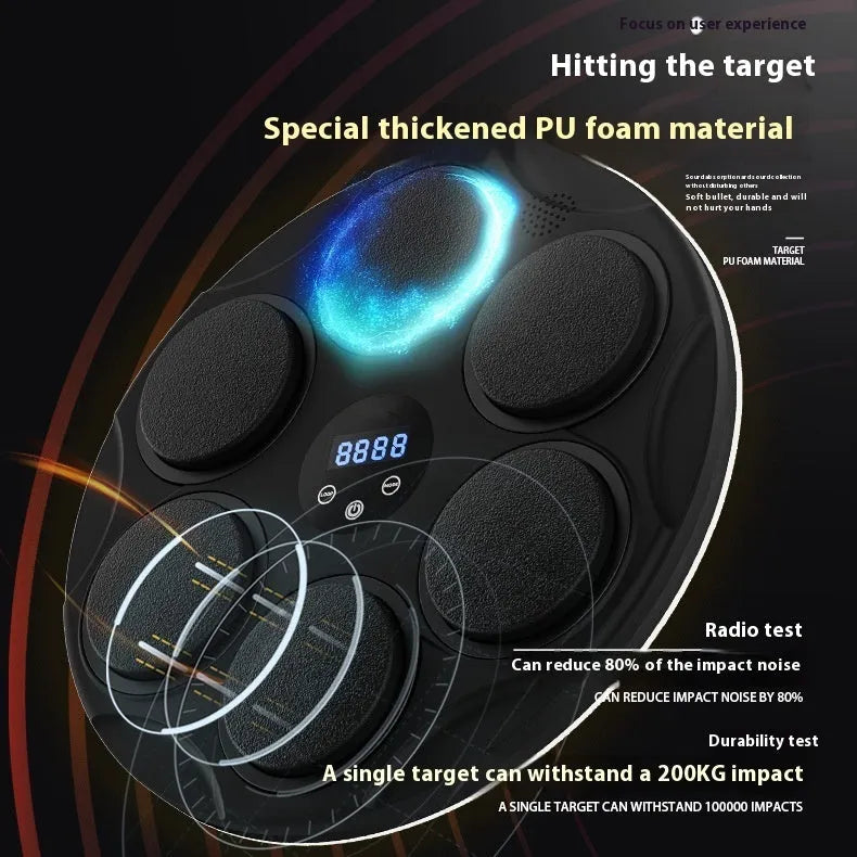 Black smart Bluetooth boxing target with coloured LED lights hanging on wall