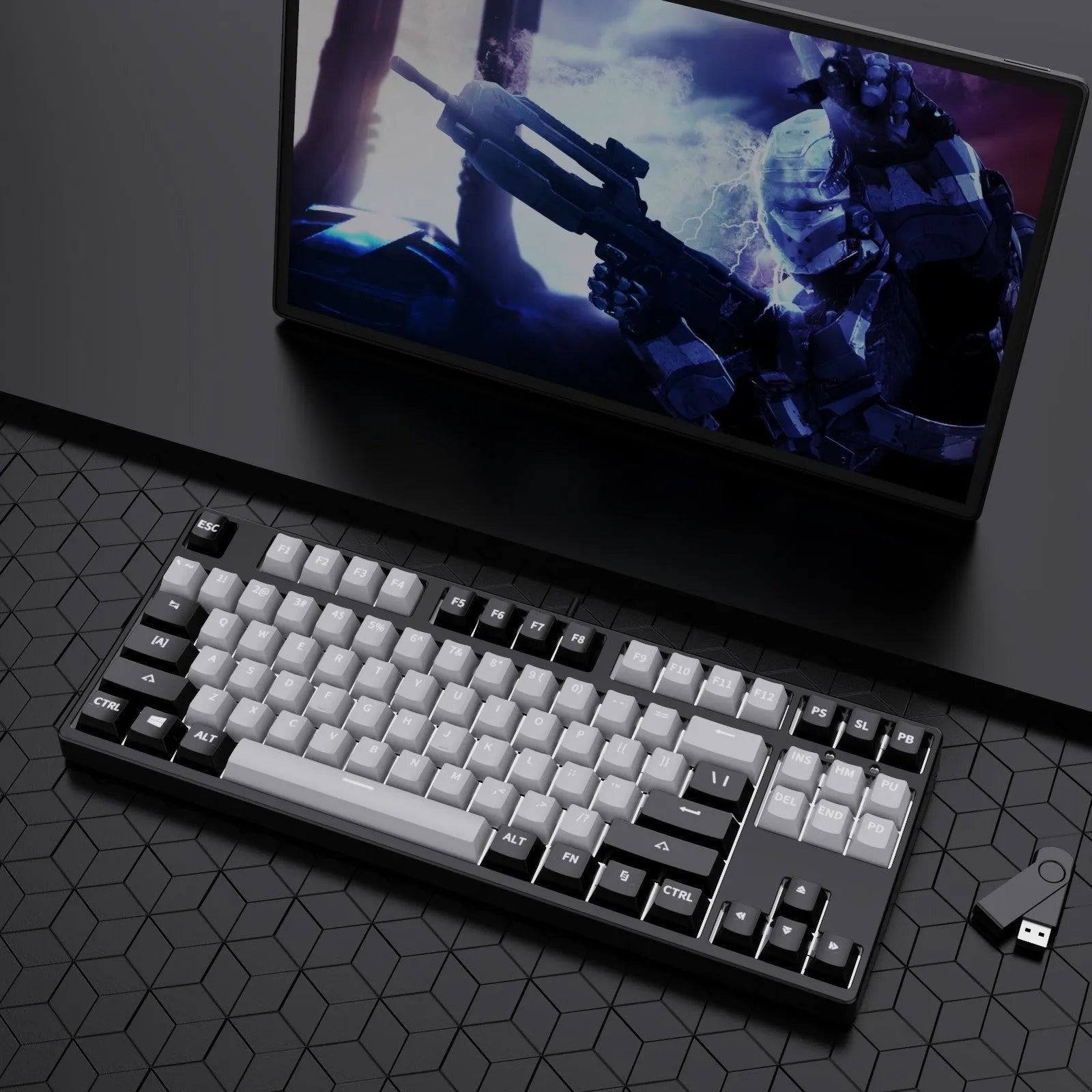 87-key wired mechanical keyboard with two-tone keycaps in orange and yellow colour combination