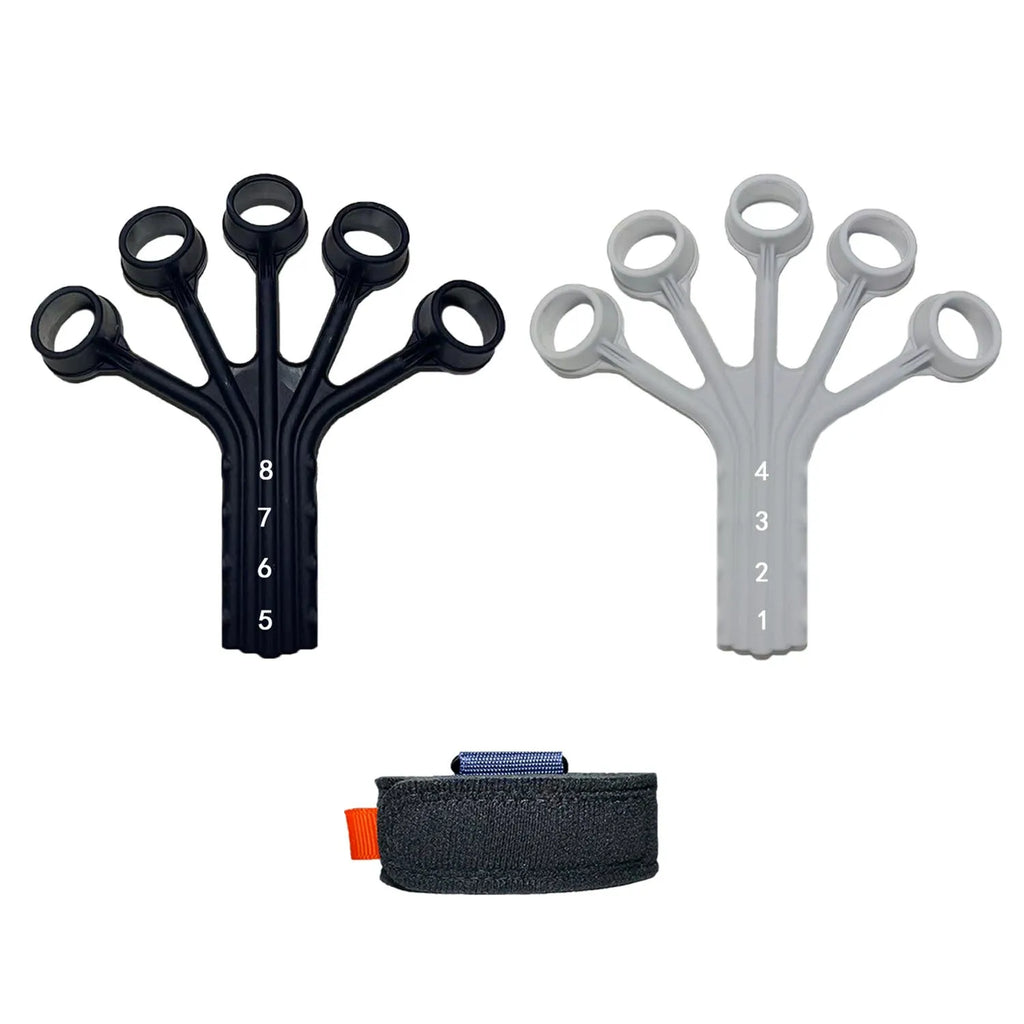 HLX silicone finger tension trainer with puller, tension ropes, and adjusting belt for hand exercises.