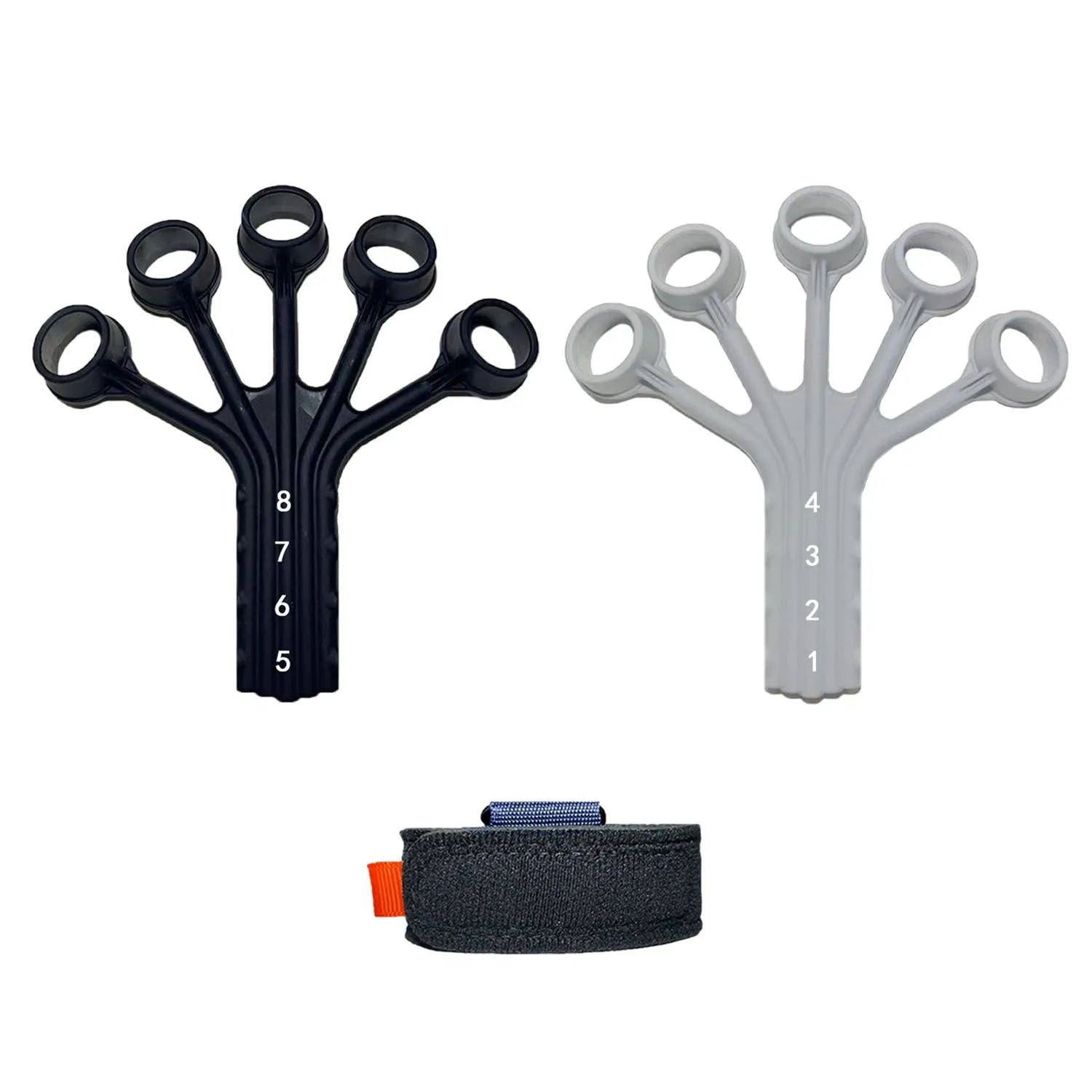 HLX silicone finger tension trainer with puller, tension ropes, and adjusting belt for hand exercises.
