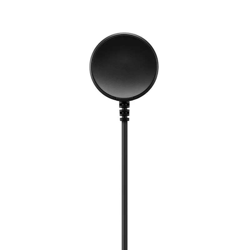 Small black plastic USB charger for smartwatches with a connected cable.