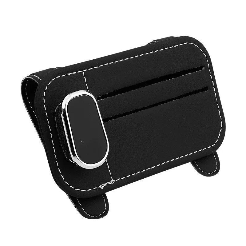 Genuine cowhide leather car sun visor holder with clip for sunglasses, shown in a selection of colours.