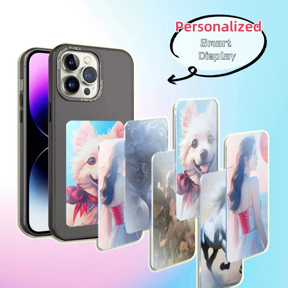 E-ink screen phone case for iPhone with TPU body, mirror element and NFC projection, shown in black with INKZONE app image display.