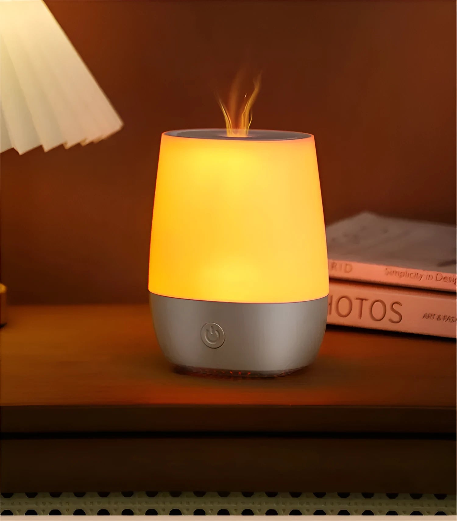 White USB aroma diffuser with simulated flame effect showing 138mm length
