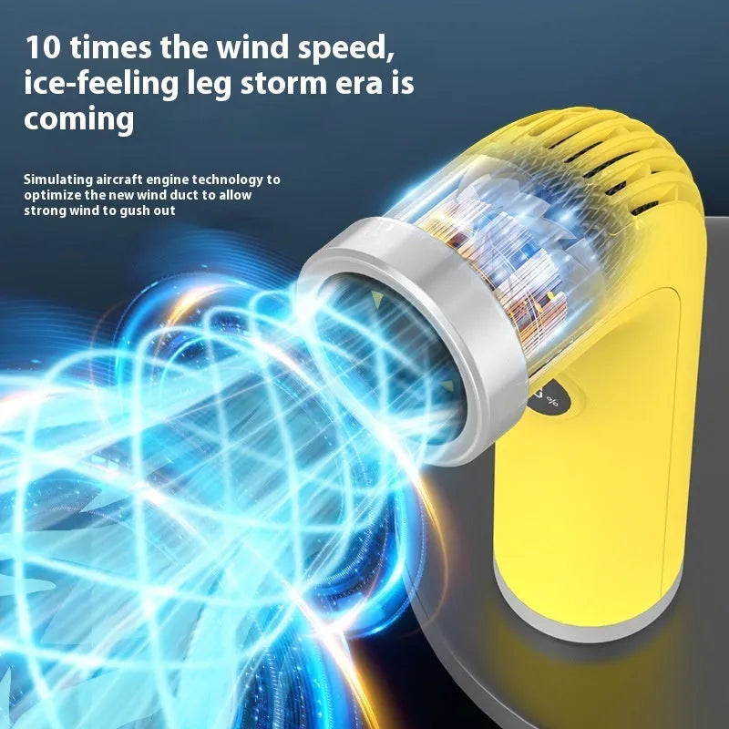 Bladeless lithium battery desk fan in apricot colour showing turbine design and compact size
