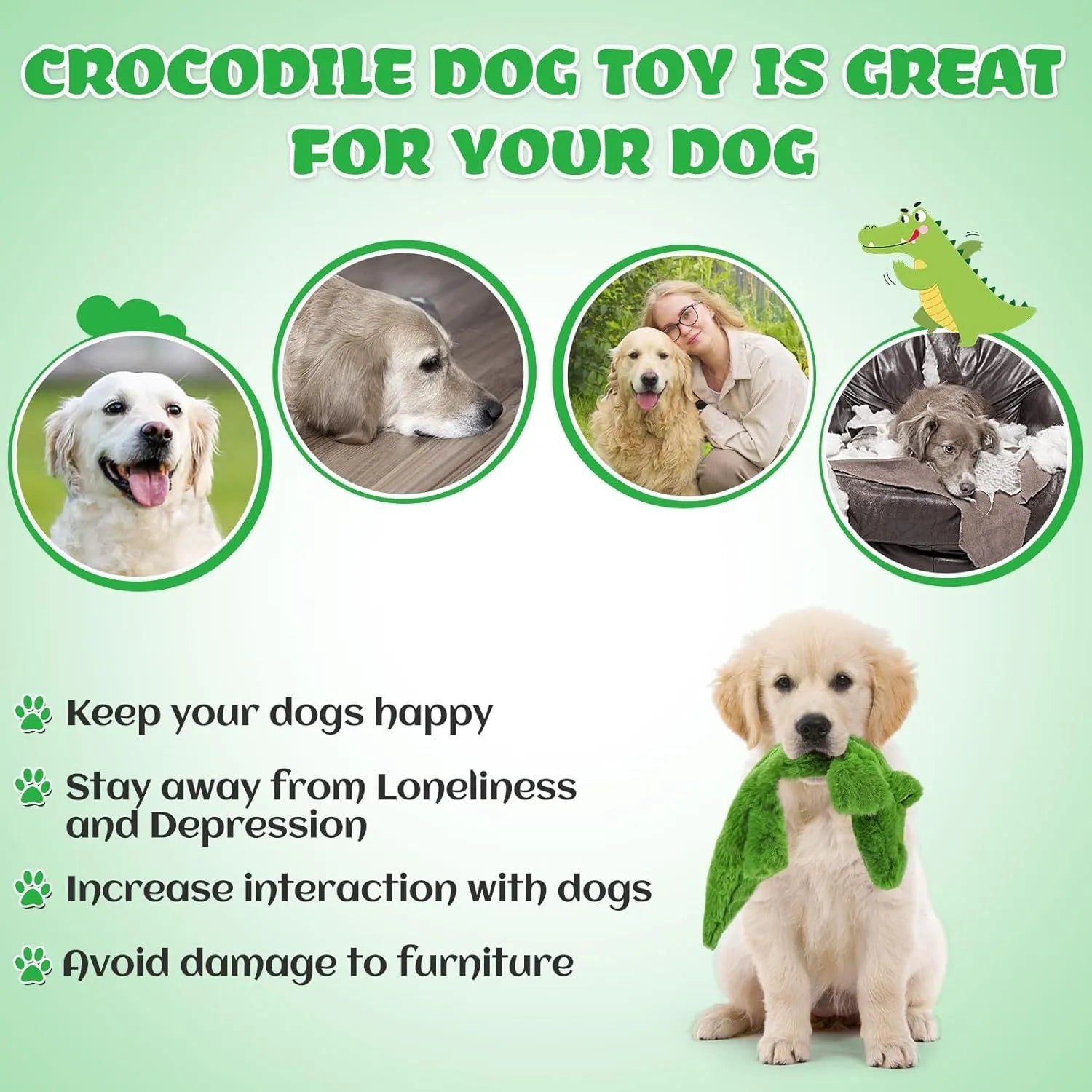 Green crocodile-shaped plush dog chew toy with no-stuffing construction