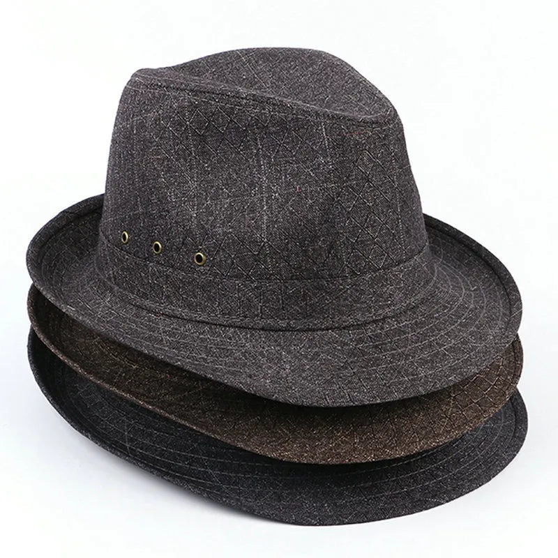 Classic wool felt fedora trilby hat for men on a stand, shown in navy blue.