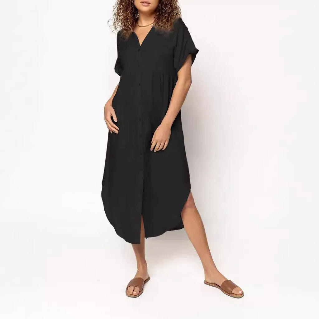 Women's loose casual button-front mid-length dress in solid colour on a hanger.