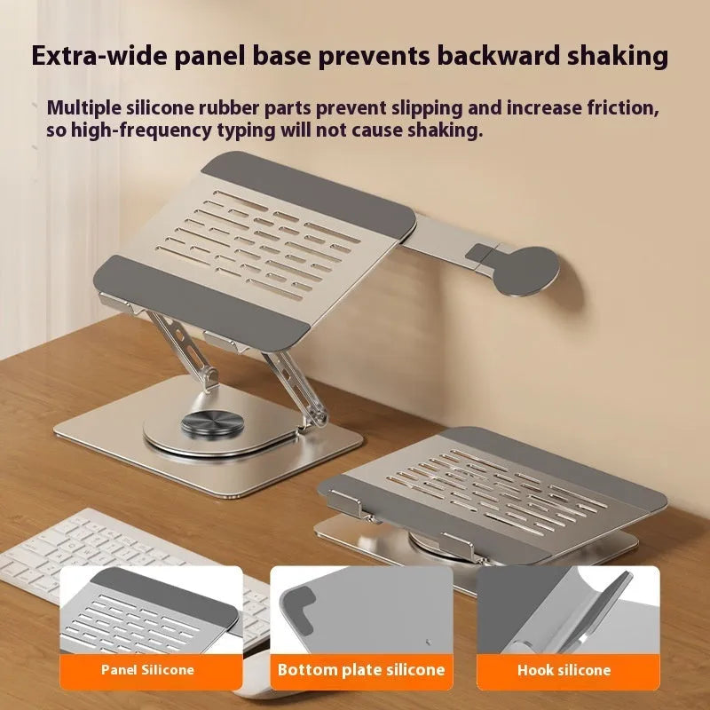 Silver carbon steel laptop stand with a rotating magnetic phone holder attached to the side