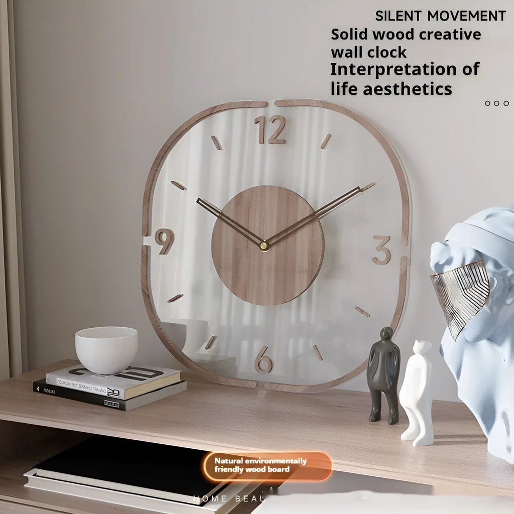 Square transparent wall clock with wooden frame showing visible quartz movement mechanism