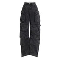 Women's tie-dyed high waist wide leg trousers with multiple pockets in blue denim fabric