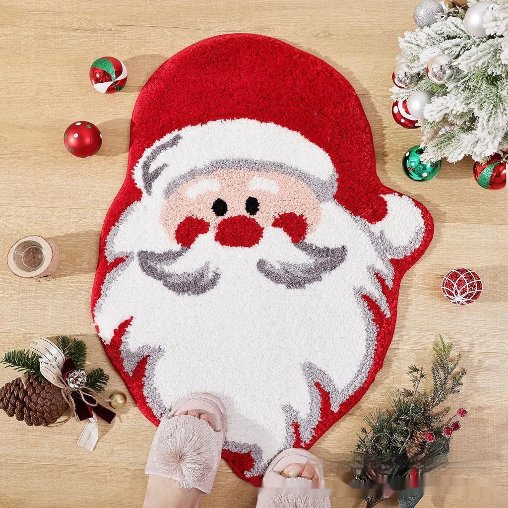 Square Christmas hallway mat with festive Santa Claus pattern on red background.