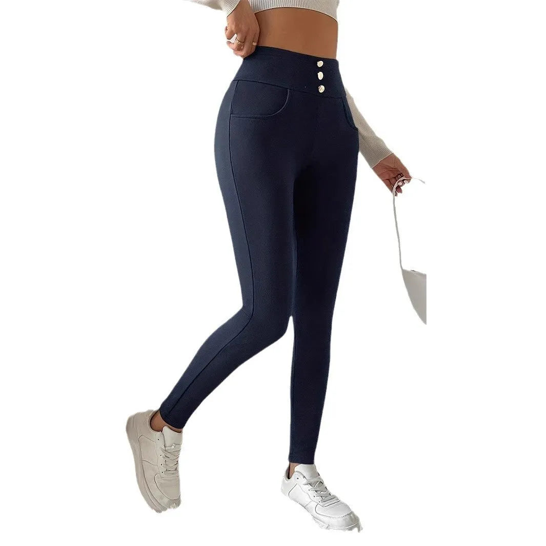 Women's navy blue high waist slim fit trousers with straight leg design