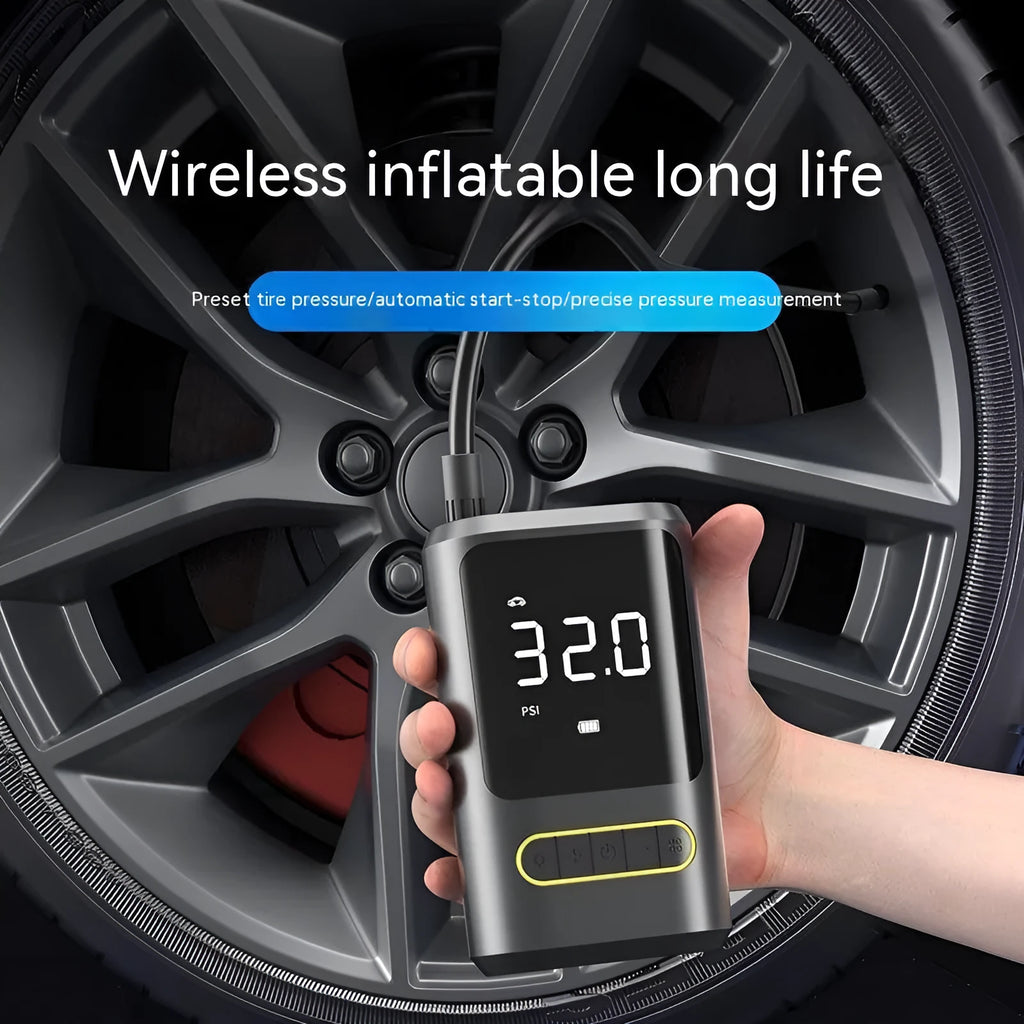 Wireless digital display car tyre inflator with LED light and multiple nozzles on black background