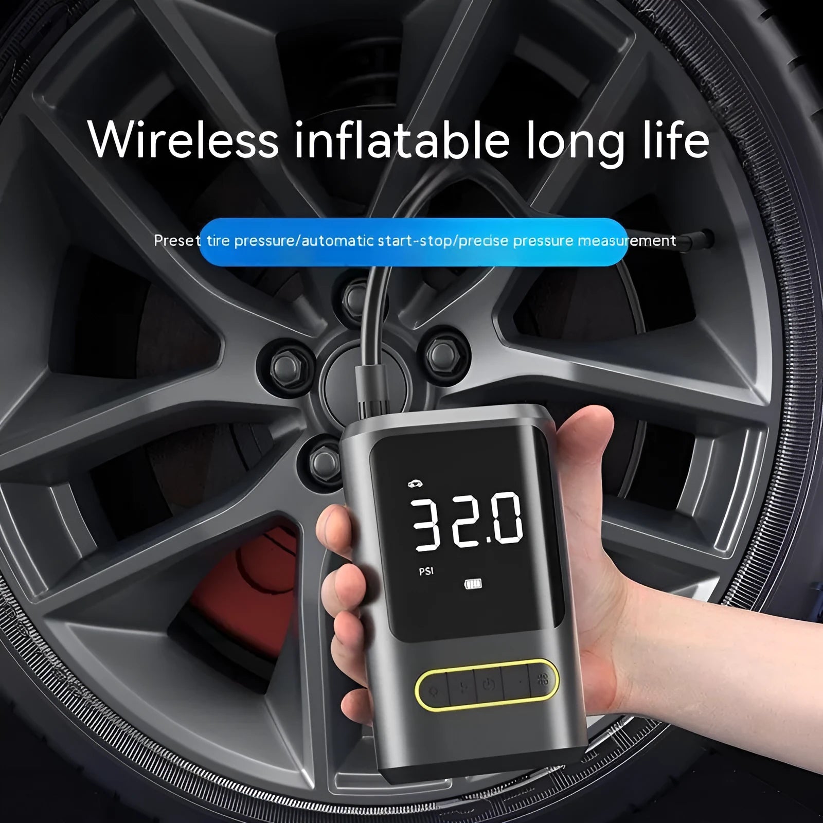 Wireless digital display car tyre inflator with LED light and multiple nozzles on black background