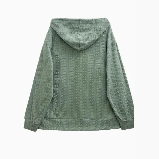 Green women's hooded sweater coat with a full-length front zipper, shown in a loose casual fit.