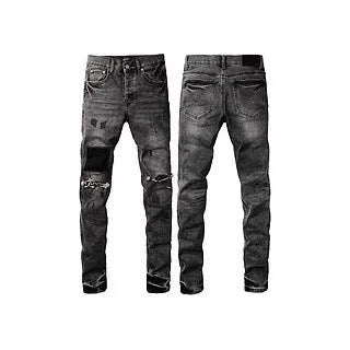 Men's black slim fit skinny jeans with a straight leg and cardigan button detail on the fly.
