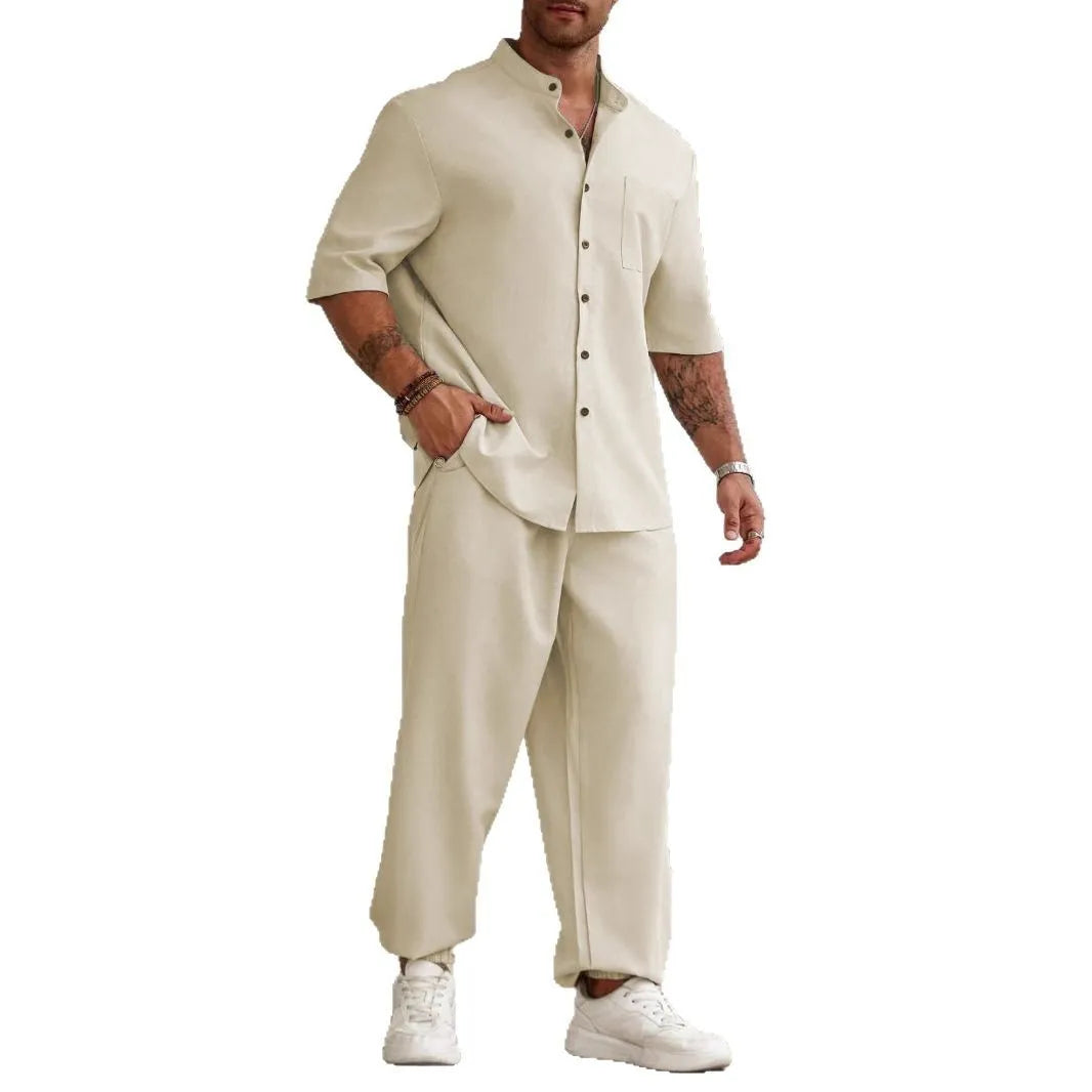 Men's apricot cotton linen casual short-sleeved shirt and trousers set laid flat.