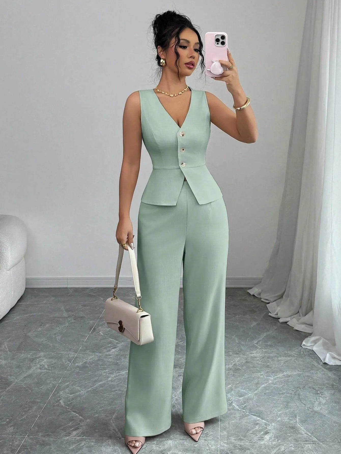 Women's solid colour sleeveless vest and high-waist trousers two-piece set in polyester casual wear