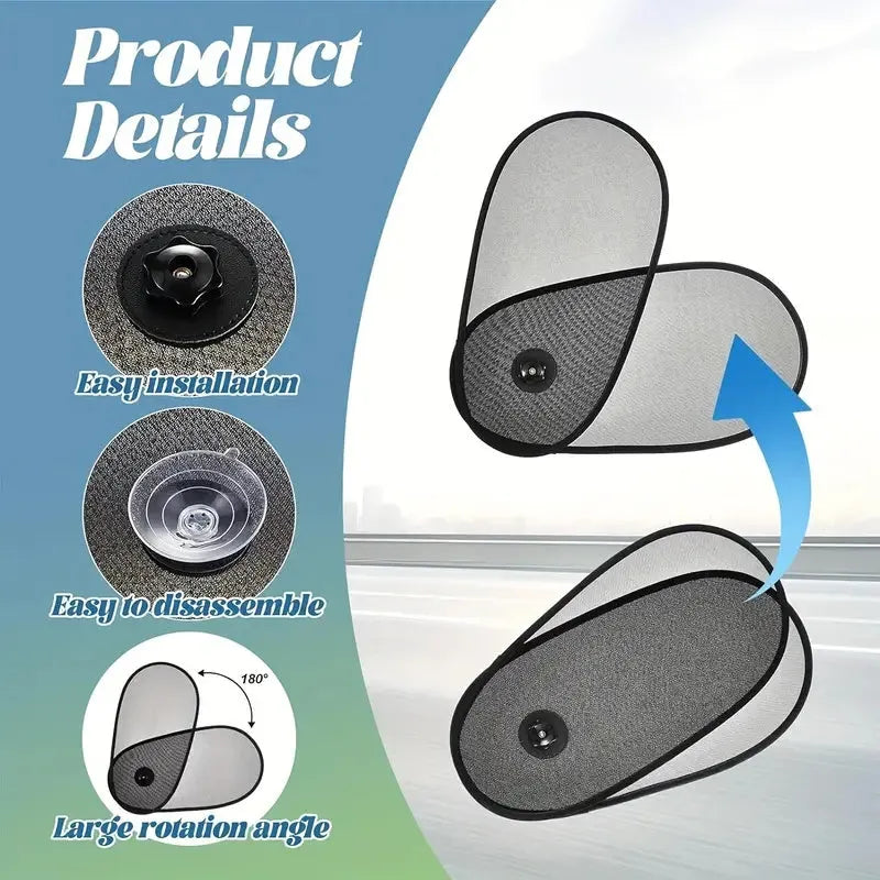 Black stretchy car side window sunshade for babies attached with suction cups, shown in a compact stored size