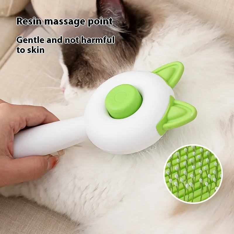 Self-cleaning pet grooming comb with stainless steel pins and massage tips in greenish white colour