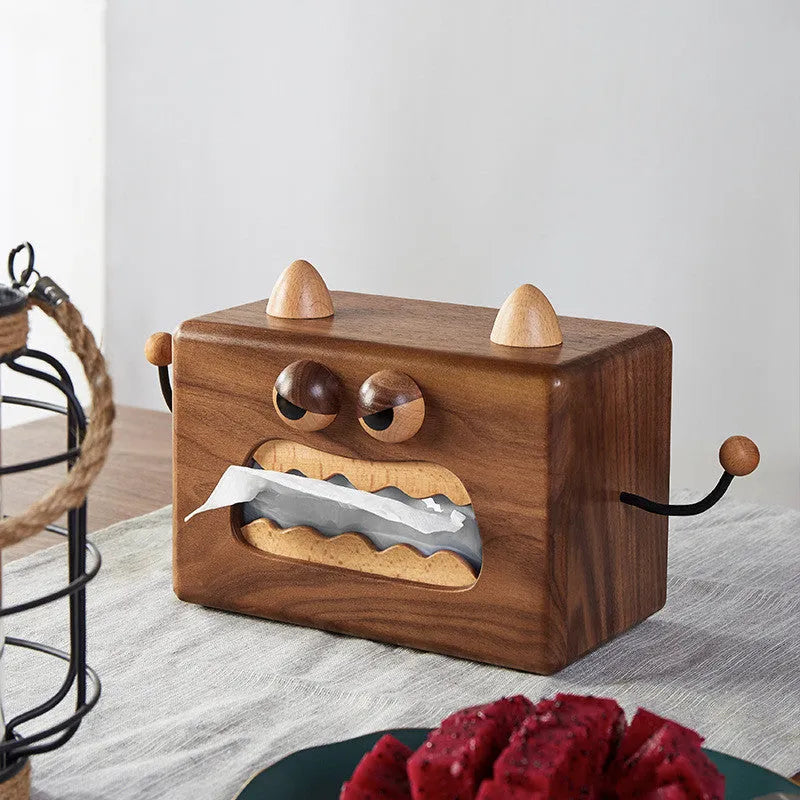 Cartoon little monster design wooden tissue box in walnut beech colour.