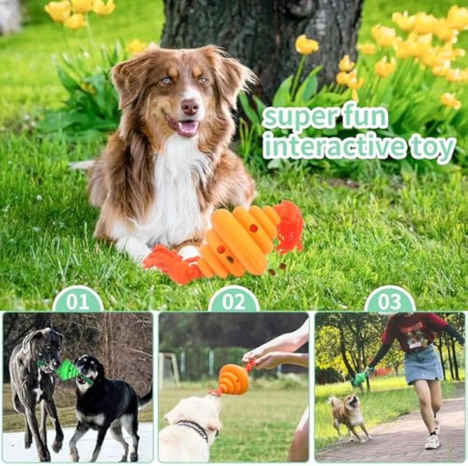Large green and yellow dog ball with rope attachment for interactive play and treat dispensing